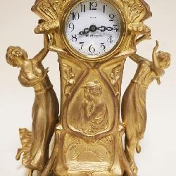 ART NOUVEAU NEW HAVEN CLOCK CO, GILT METAL FIGURAL CLOCK, APPROXIMATELY 3 IN X 7 IN X 11 IN HIGH