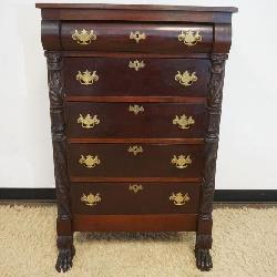 ANTIQUE MAHOGANY NARROW 5 DRAWERR CHEST WITH CARVED HALF COLUMNS ON CLAW FEET AND BRASS PULLS, APPROXIMATELY 31 IN X 18 1/2 IN X 48 1/2 IN H