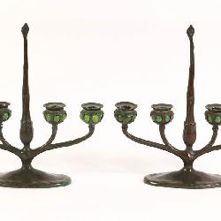 Pair of Tiffany Studios Four Light Bronze and Green Favrile Glass Candelabra, ca. 1915