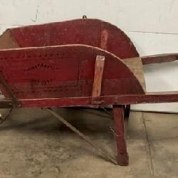 EARLY WOODEN WHEEL BARROW W/ OLD RED PAINT 