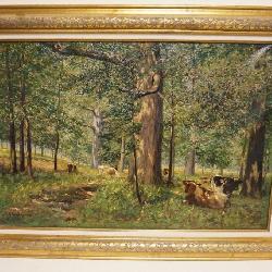 1103	CHARLES ALBERT BURLINGAME OIL PAINTING LANDSCAPE COWS & STEER IN WOODED FORREST, APPROXIMATELY 44 IN X 32 IN, IMAGE APPROXIMATELY 36 IN X 24 IN