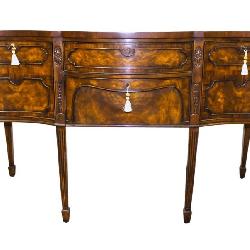 www.SouthJerseyAuction.com lot 175 Beautiful Theodore Alexander Althorp Collection sideboard. Burl mahogany and walnut with banded top. Carved spade footed legs. With all keys.