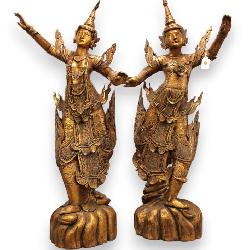 www.SouthJerseyAuction lot 189: Pair of Burmese Kinnari Statues highly detailed and hand carved wood with an antique bronze golden finish. Structurally sound and in good condition. 