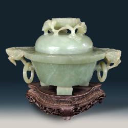A Very Large Chinese Jade Censer / Incense Burner With Floral Lid 19th C Original Hardwood Stand