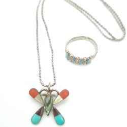 A Zuni sterling silver inlay necklace with turquoise, coral, and mother of pearl with a Zuni sterlin