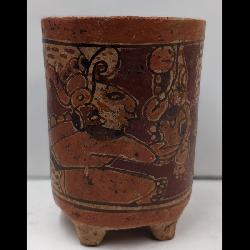 An Early Hand Painted Polychrome Mayan Pottery Footed Cylindrical Vessel