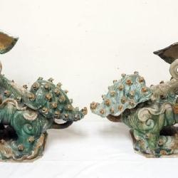 1204	PAIR OF LARGE CHINESE GLAZED TERRACOTTA FOO DOGS, EACH APPROXIMATELY 23 IN X 9 IN X 19 IN H
