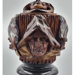 Rare Swiss 17-18th C Black Forrest Carved Tobacco Box Carved Faces