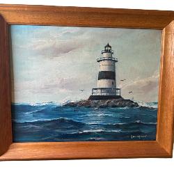 Mid Century Lighthouse Nautical Original Art Oil Painting On Board By Artist Ellery Thompson