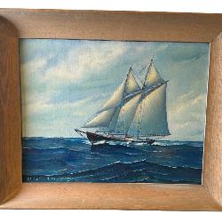 Mid Century Schooner Ship Nautical Original Art Oil Painting On Board By Artist Ellery Thompson