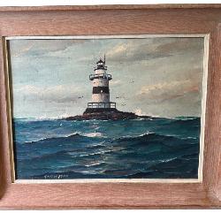 Mid Century Lighthouse Nautical Original Art Oil Painting On Board By Artist Ellery Thompson