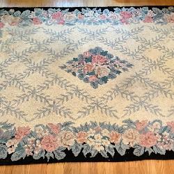 Lot 41- Hooked Rug - Black With Pink Roses - 7 Feet 9 Inches X 5 Feet 6 Inches (Dining Room) 